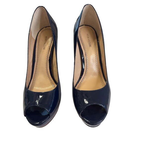 Pour La Victoire Women’s 8M Navy Blue Patent Leather Peep Toe Platform Heels - Picture 4 of 8